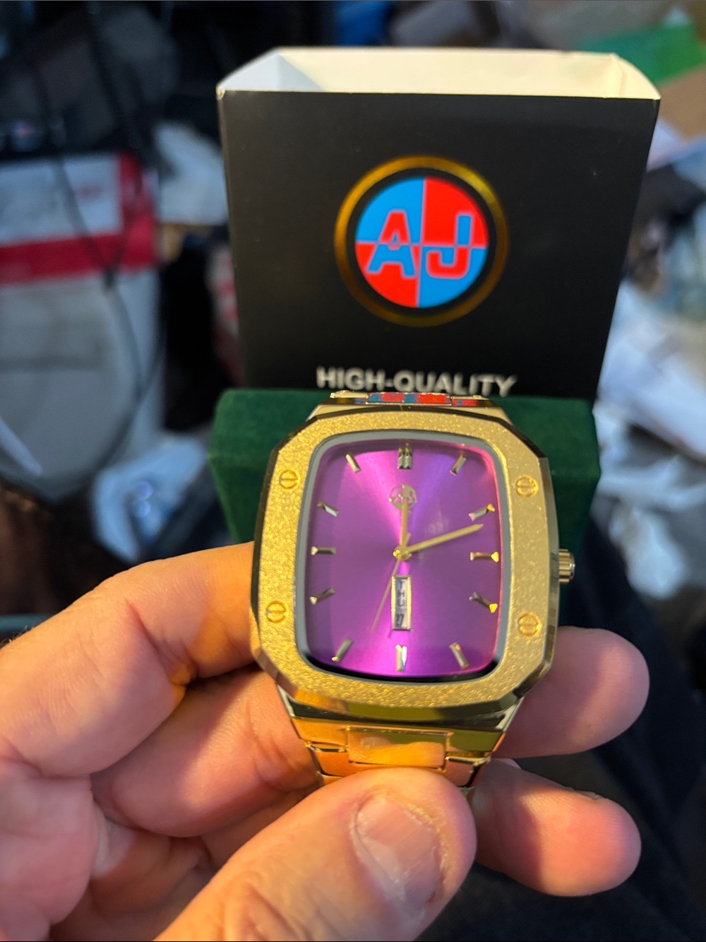 AJ Men’s Gold-Tone Watch with Purple Dial